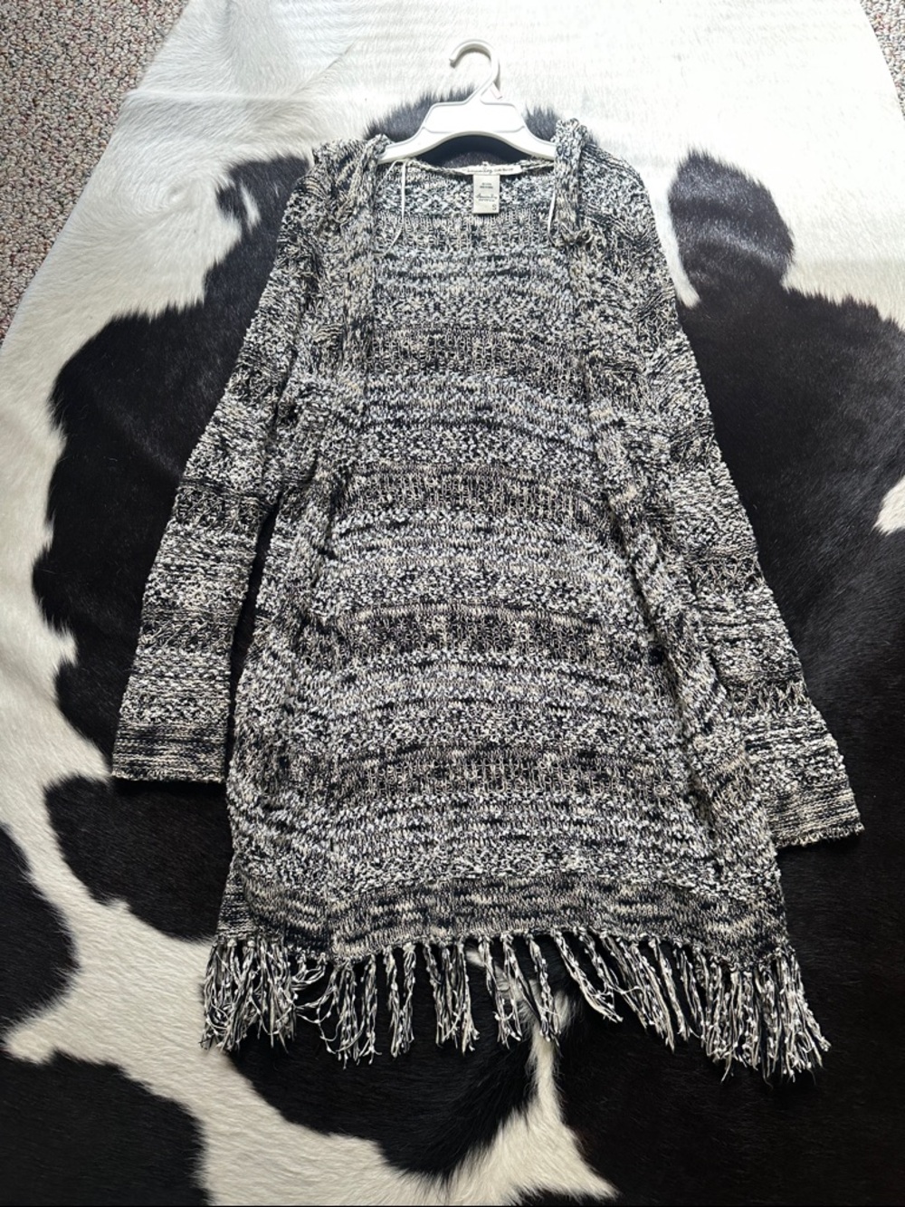 American Rag Black & White Marled Fringe Hooded Sweater